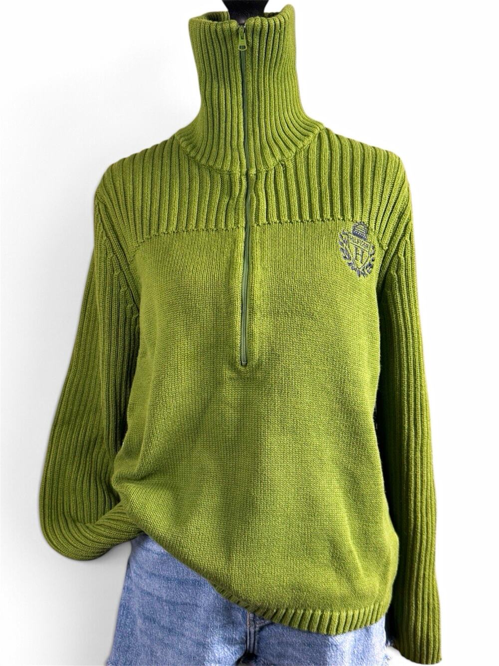 Tommy Hilfiger Green 1/4 Zip Mock Neck Rib Knit Cotton Sweater Women XL